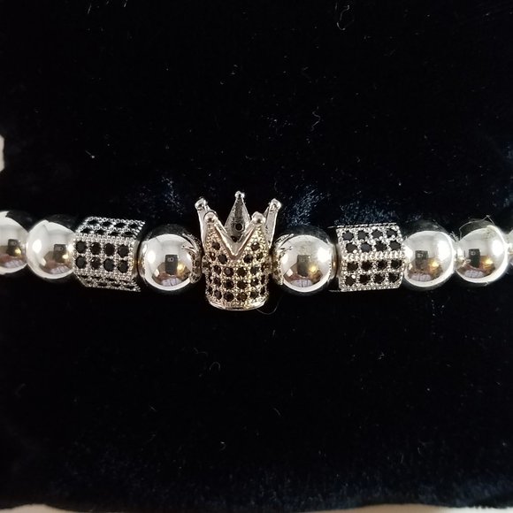 Hand Crafted Other - “SOLD” Hand Crafted Steel and Pave Beaded Stretch Bracelet Silver and Black 7.5"